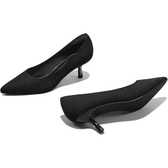 Women's Black Knitting Pumps 2 inch Kitten Heel Pointed Toe Low Heel Dress Shoes - Picture 4 of 7